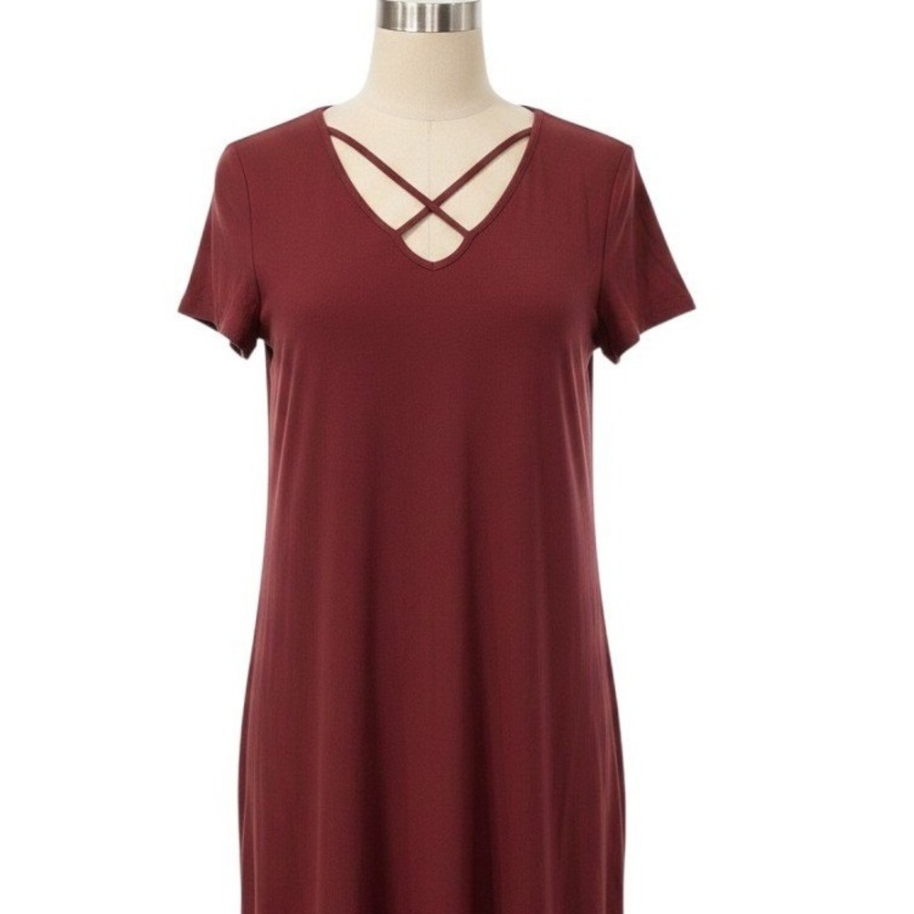 NWT Knox Rose Sundried Plum V Neck Criss Cross Short Sleeve Tunic Dress Size Med